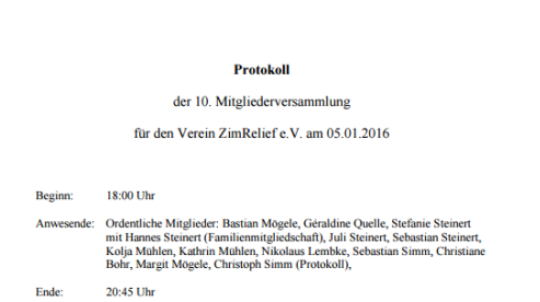Protokoll der ZimRelief-Mitgliederversammlung vom 5. Januar