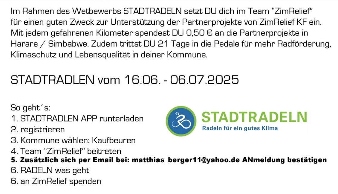 Beim STADTRADELN (16.06. – 06.07.2025) mitmachen und Spenden für ZimRelief einfahren Beim STADTRADELN (16.06. – 06.07.2025) mitmachen und Spenden für ZimRelief einfahren